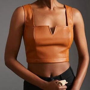 Maeve by Anthropologie Faux Leather Notch Tank Crop Top - Toffee - Size 2